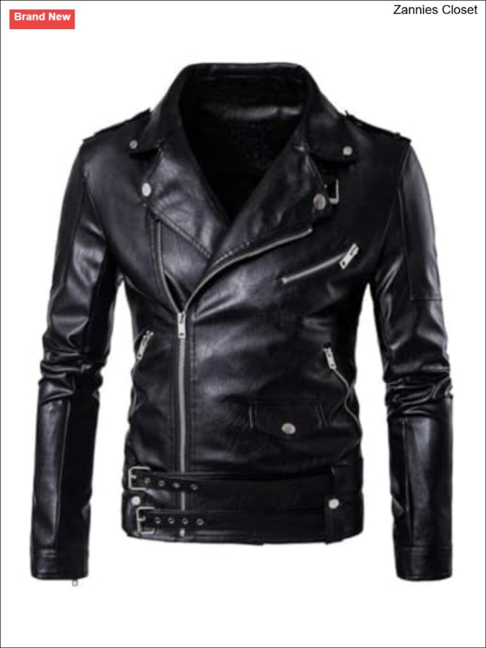Men's PU Leather Motorcycle Jacket Belted Faux Leather Biker Coat